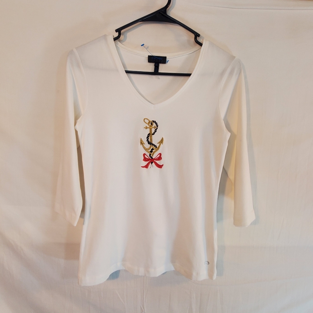 ESCADA SPORT Women's Small White 3/4 Sleeve Embroidered Nautical Anchor Shirt.